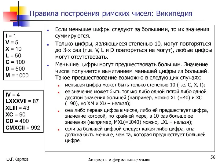 Ю.Г.Карпов Автоматы и формальные языки Правила построения римских чисел: Википедия Если