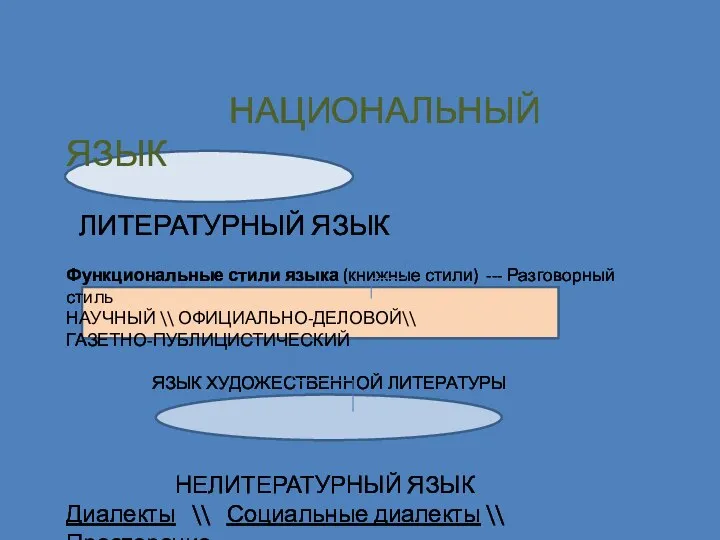 НАЦИОНАЛЬНЫЙ ЯЗЫК ЛИТЕРАТУРНЫЙ ЯЗЫК Функциональные стили языка (книжные стили) --- Разговорный