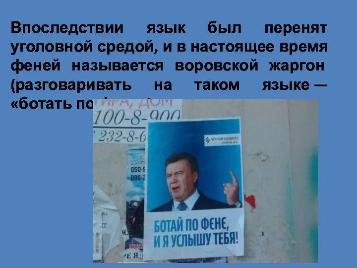 Впоследствии язык был перенят уголовной средой, и в настоящее время феней