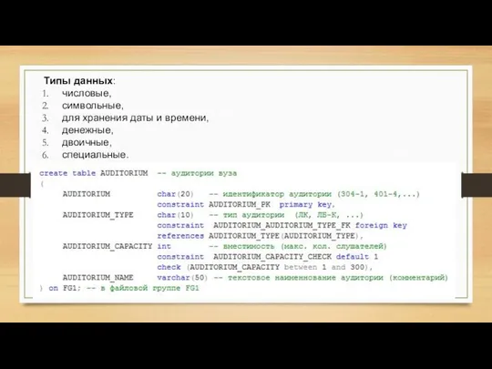 Типы данных: числовые, символьные, для хранения даты и времени, денежные, двоичные, специальные.