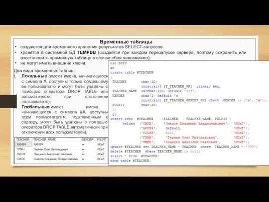 Временные таблицы создаются для временного хранения результатов SELECT-запросов. хранятся в системной