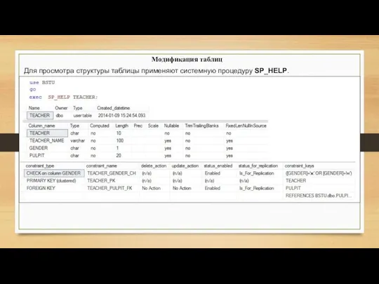 Модификация таблиц Для просмотра структуры таблицы применяют системную процедуру SP_HELP.