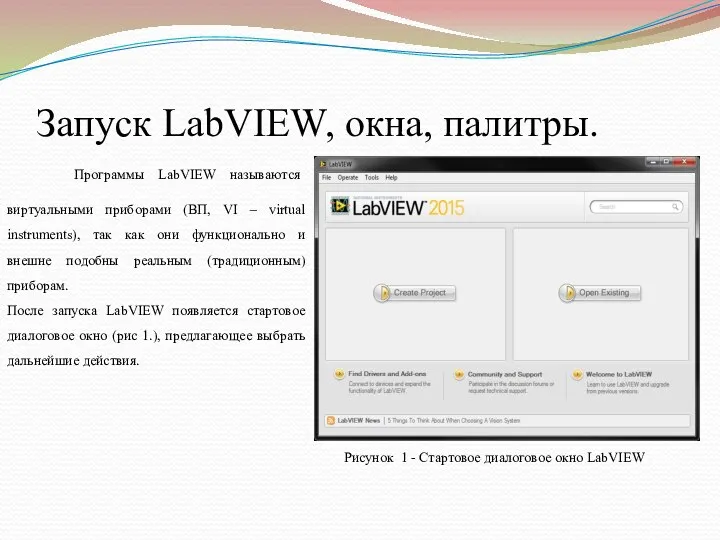 Запуск LabVIEW, окна, палитры. Программы LabVIEW называются виртуальными приборами (ВП, VI