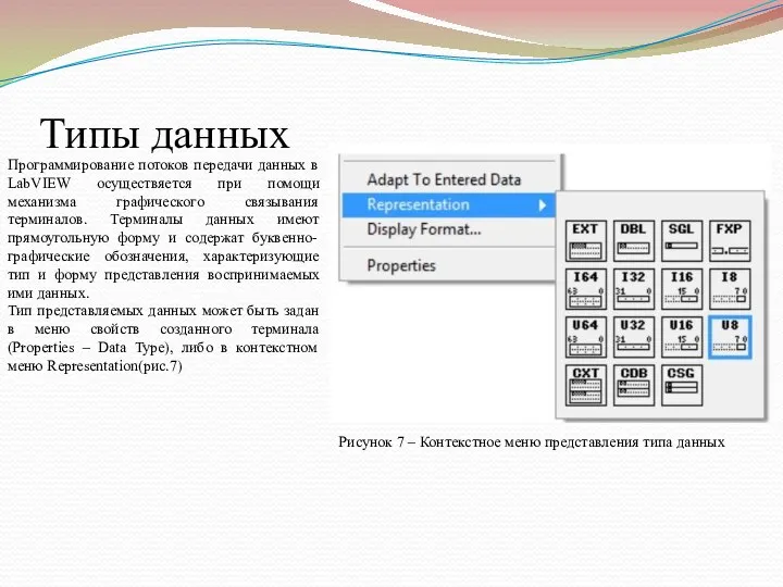 Типы данных Программирование потоков передачи данных в LabVIEW осуществяется при помощи