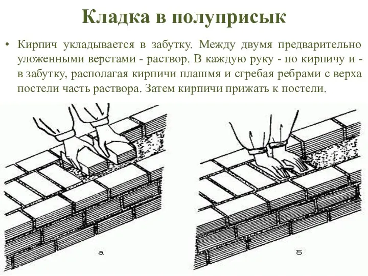 Кладка в полуприсык Кирпич укладывается в забутку. Между двумя предварительно уложенными