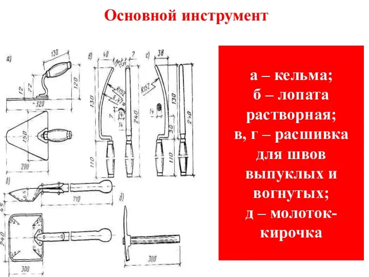 Основной инструмент а – кельма; б – лопата растворная; в, г