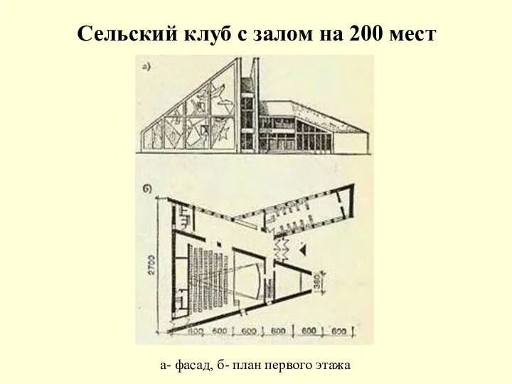 Сельский клуб с залом на 200 мест а- фасад, б- план первого этажа