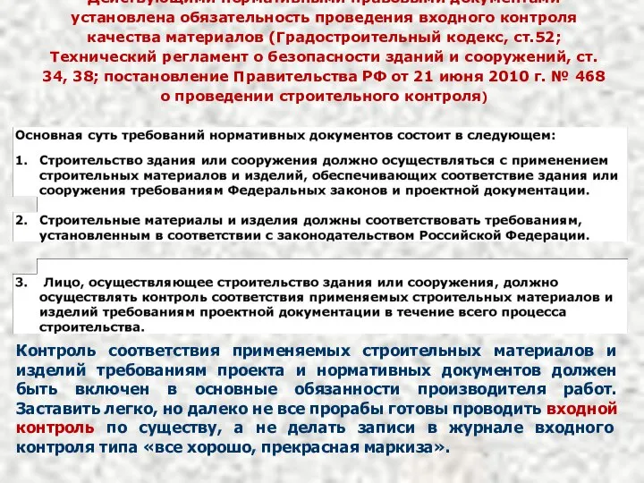 Действующими нормативными правовыми документами установлена обязательность проведения входного контроля качества материалов