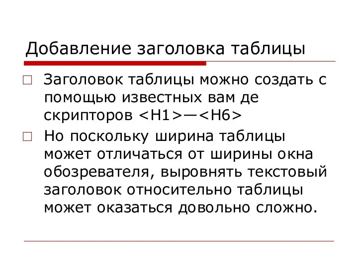 Добавление заголовка таблицы Заголовок таблицы можно создать с помощью известных вам