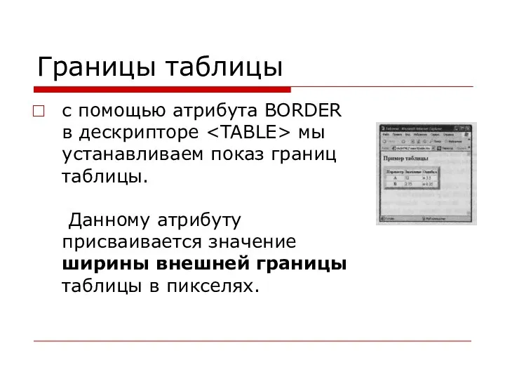 Границы таблицы с помощью атрибута BORDER в дескрипторе мы устанавливаем показ