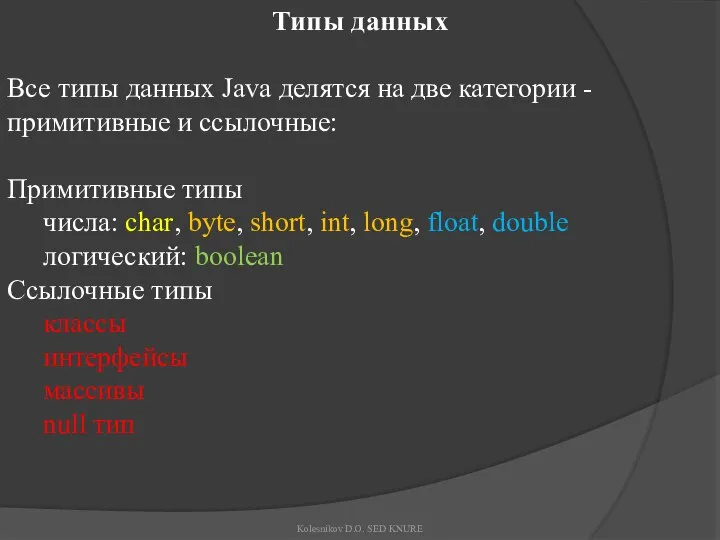 Типы данных Все типы данных Java делятся на две категории -