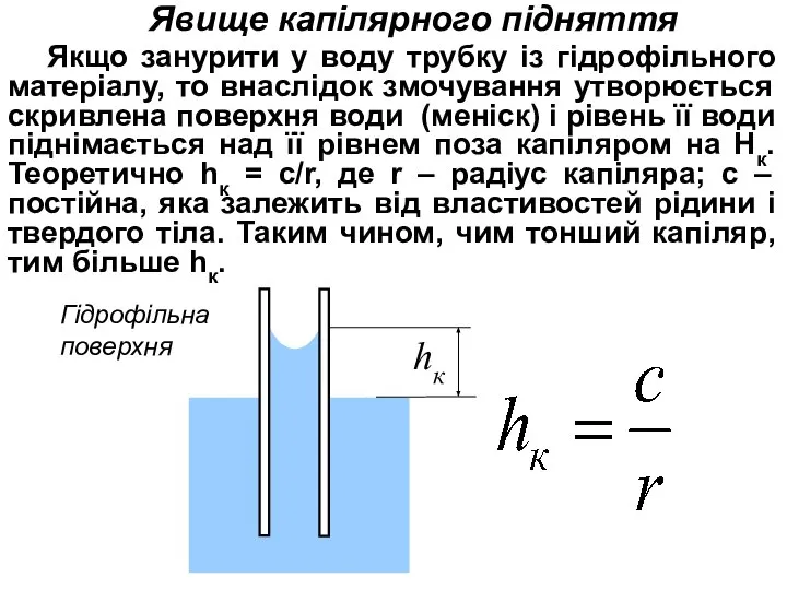 Явище капілярного підняття Якщо занурити у воду трубку із гідрофільного матеріалу,