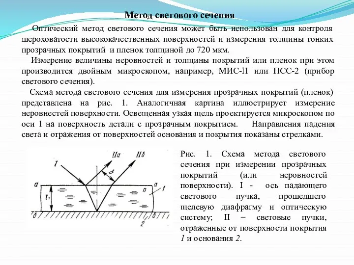 Метод светового сечения Оптический метод светового сечения может быть использован для