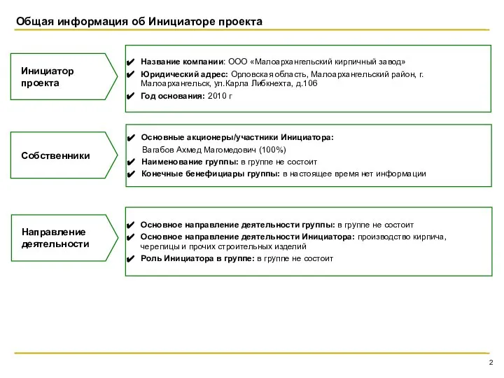 Общая информация об Инициаторе проекта Инициатор проекта Название компании: ООО «Малоархангельский