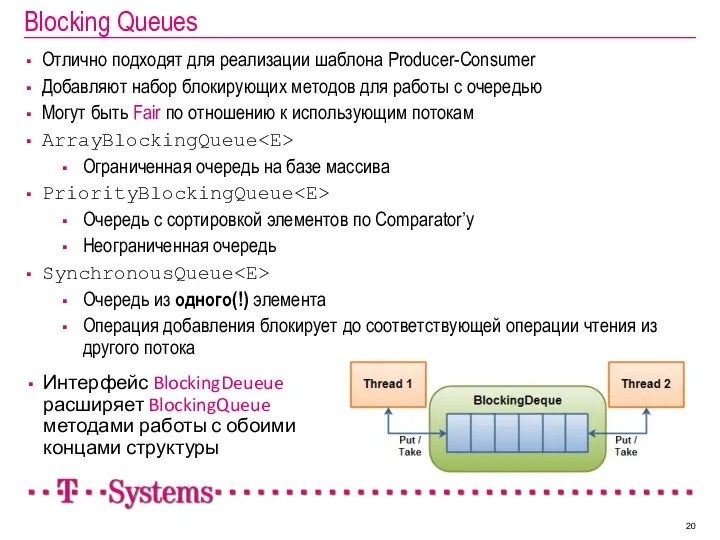 Blocking Queues Отлично подходят для реализации шаблона Producer-Consumer Добавляют набор блокирующих