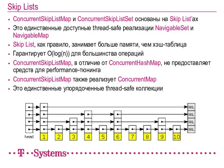 Skip Lists ConcurrentSkipListMap и ConcurrentSkipListSet основаны на Skip List’ах Это единственные