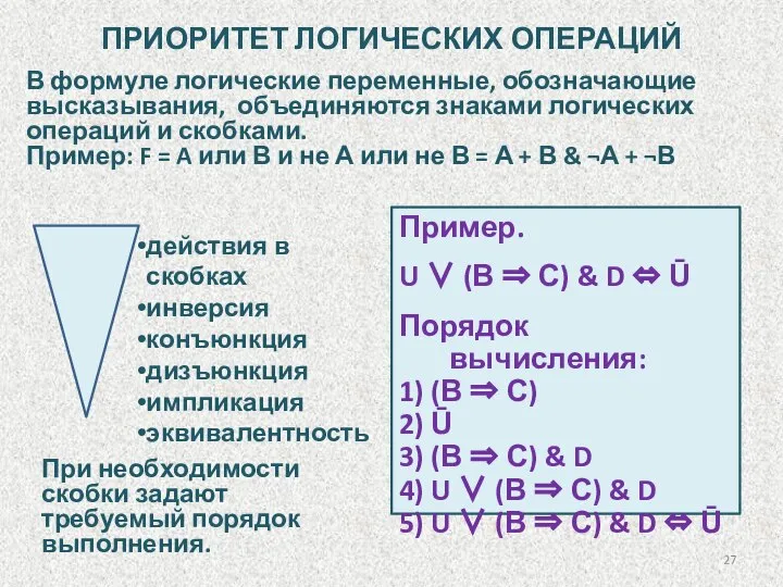 ПРИОРИТЕТ ЛОГИЧЕСКИХ ОПЕРАЦИЙ действия в скобках инверсия конъюнкция дизъюнкция импликация эквивалентность