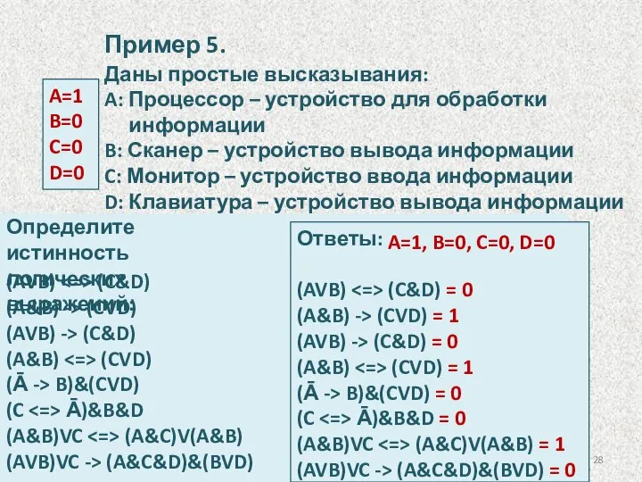 Пример 5. Даны простые высказывания: A: Процессор – устройство для обработки