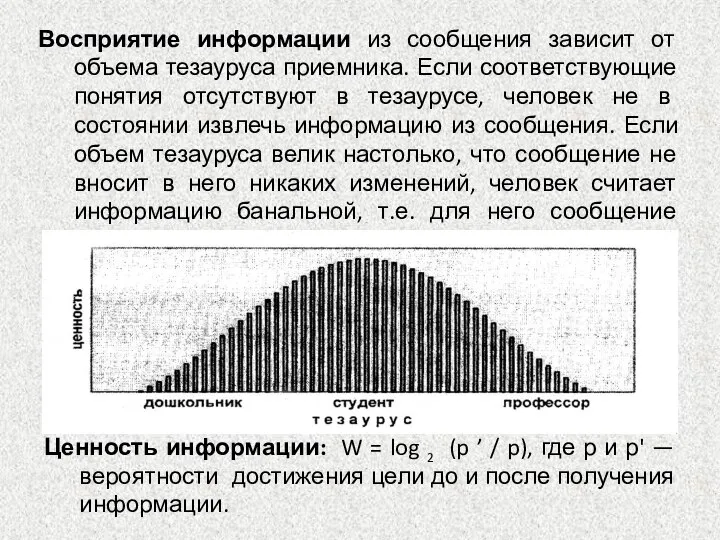 Восприятие информации из сообщения зависит от объема тезауруса приемника. Если соответствующие