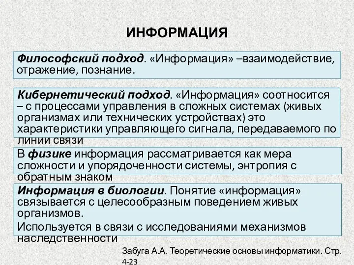 ИНФОРМАЦИЯ Философский подход. «Информация» –взаимодействие, отражение, познание. Кибернетический подход. «Информация» соотносится