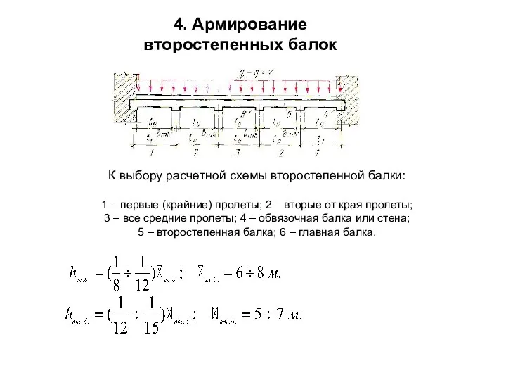 4. Армирование второстепенных балок К выбору расчетной схемы второстепенной балки: 1