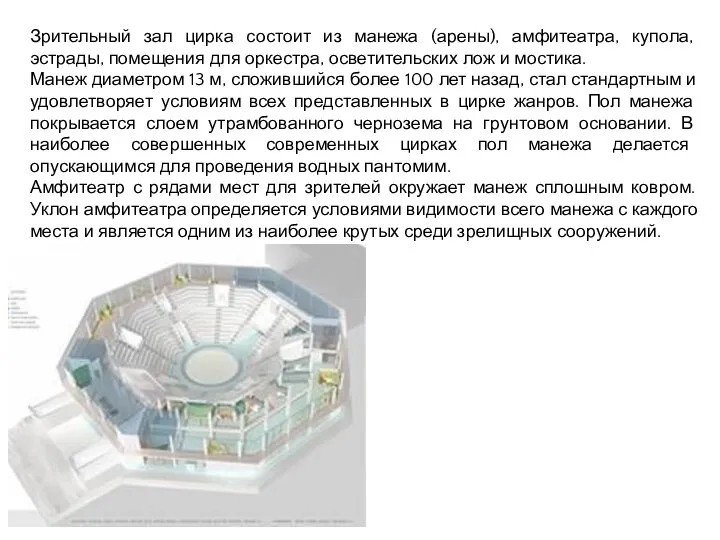 Зрительный зал цирка состоит из манежа (арены), амфитеатра, купола, эстрады, помещения