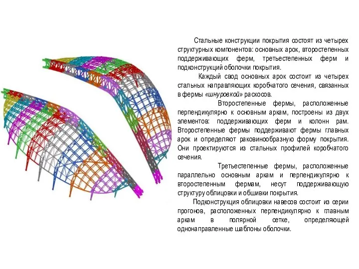 Стальные конструкции покрытия состоят из четырех структурных компонентов: основных арок, второстепенных