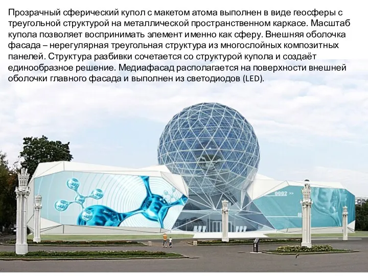 Прозрачный сферический купол с макетом атома выполнен в виде геосферы с