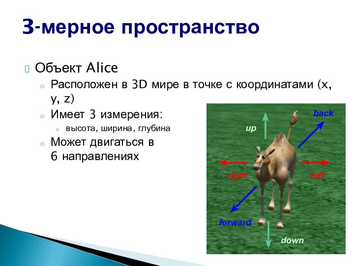 3-мерное пространство Объект Alice Расположен в 3D мире в точке с