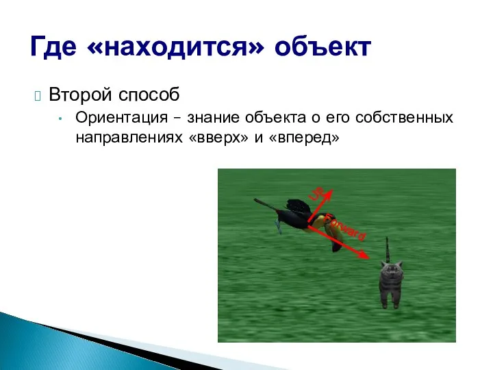 Где «находится» объект Второй способ Ориентация – знание объекта о его собственных направлениях «вверх» и «вперед»