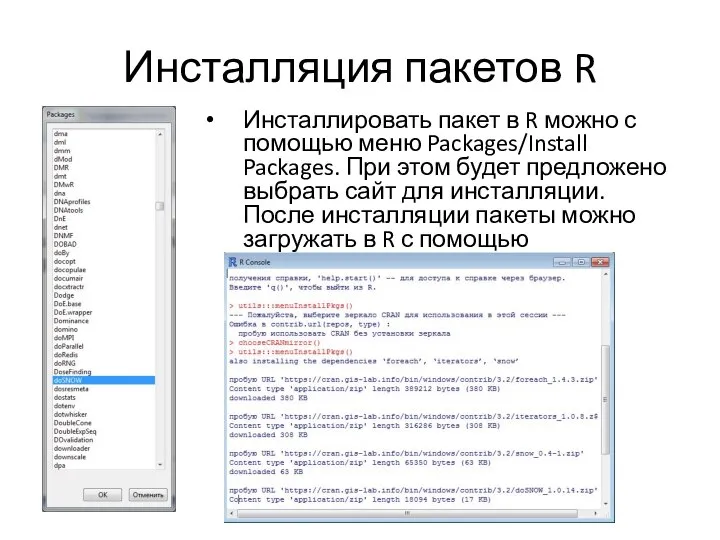 Инсталляция пакетов R Инсталлировать пакет в R можно с помощью меню