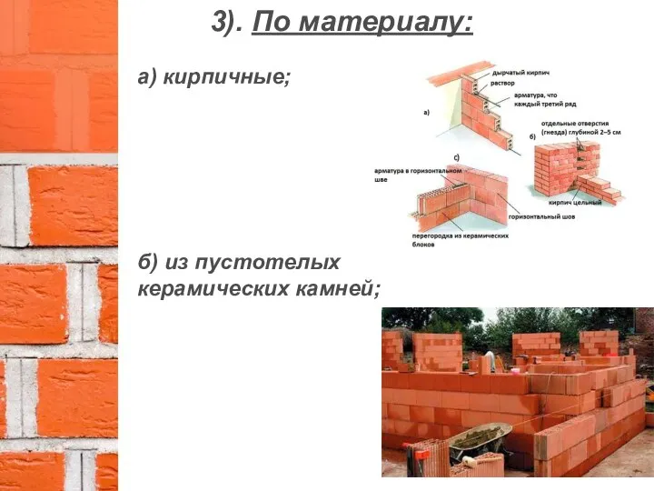 3). По материалу: а) кирпичные; б) из пустотелых керамических камней;