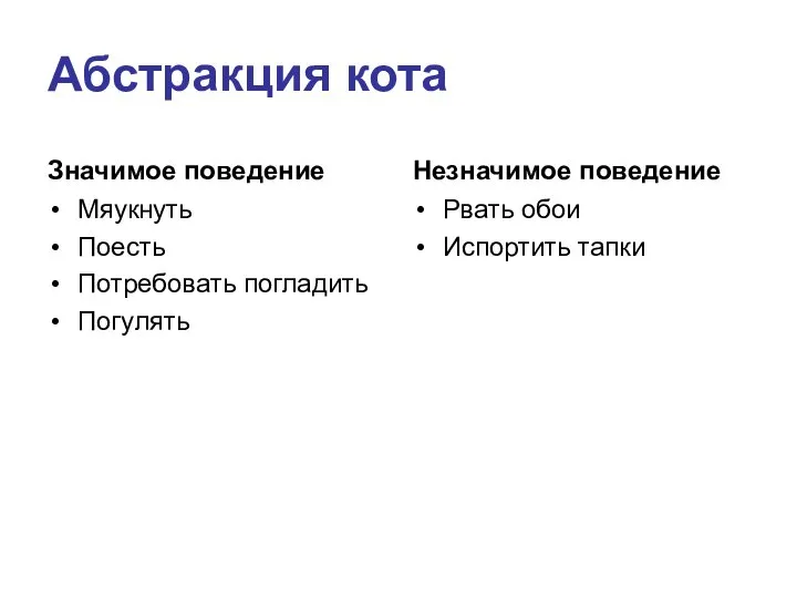 Абстракция кота Значимое поведение Мяукнуть Поесть Потребовать погладить Погулять Незначимое поведение Рвать обои Испортить тапки