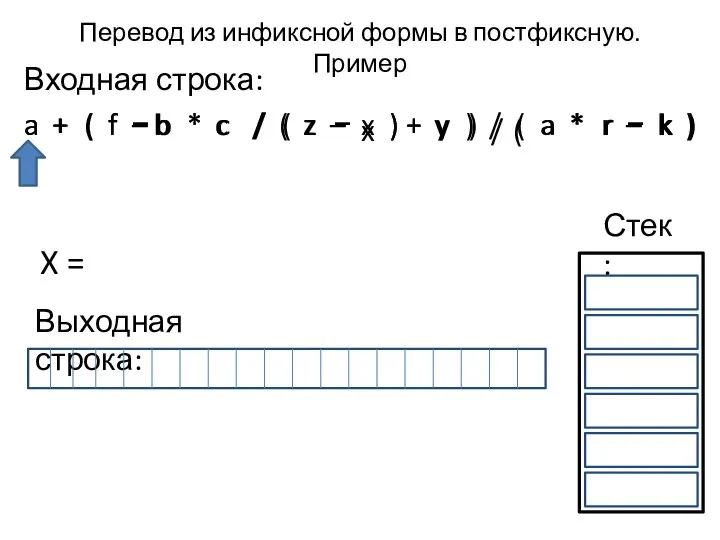 Перевод из инфиксной формы в постфиксную. Пример Входная строка: a +