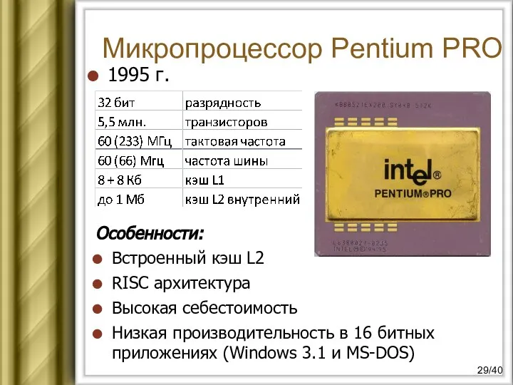 Микропроцессор Pentium PRO 1995 г. Особенности: Встроенный кэш L2 RISC архитектура