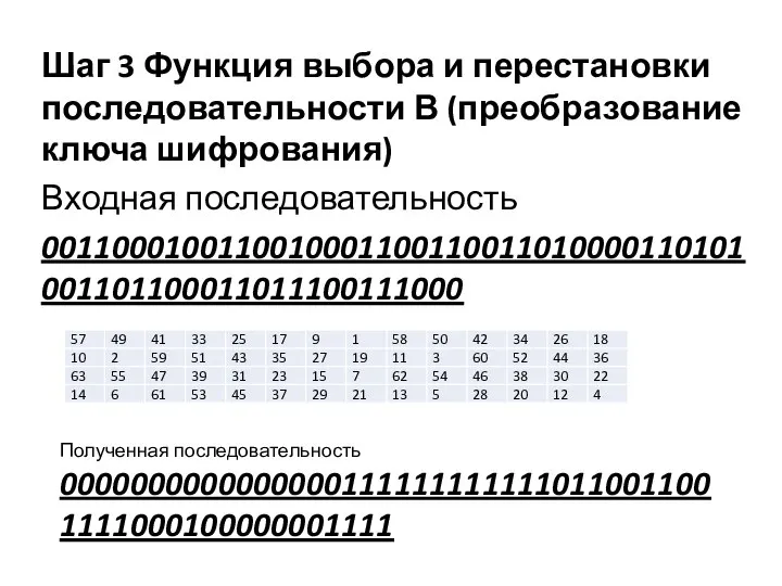 Шаг 3 Функция выбора и перестановки последовательности В (преобразование ключа шифрования)