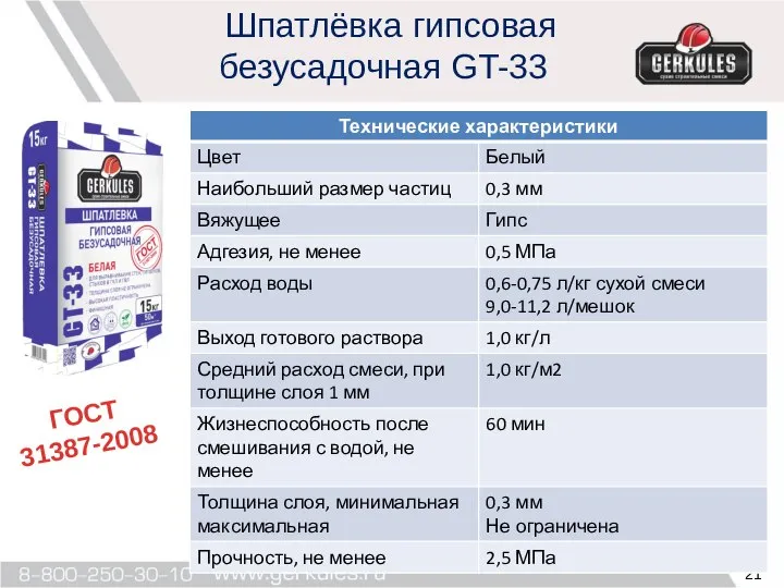 Шпатлёвка гипсовая безусадочная GT-33 ГОСТ 31387-2008