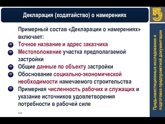 Предынвестиционные исследования и подготовка предпроектной документации Примерный состав «Декларации о намерениях»