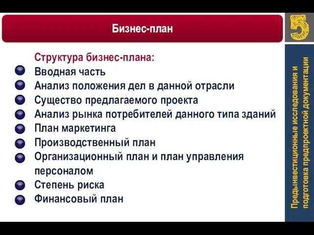 Предынвестиционные исследования и подготовка предпроектной документации Структура бизнес-плана: Вводная часть Анализ