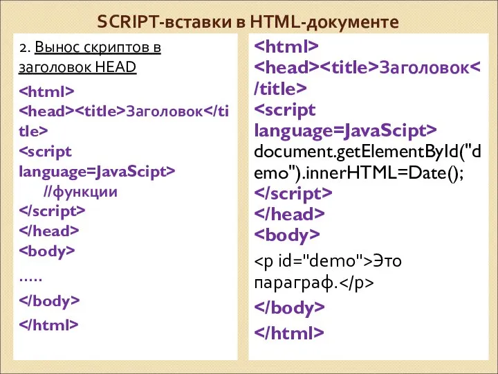 SCRIPT-вставки в HTML-документе 2. Вынос скриптов в заголовок HEAD Заголовок //функции ….. Заголовок document.getElementById("demo").innerHTML=Date(); Это параграф.