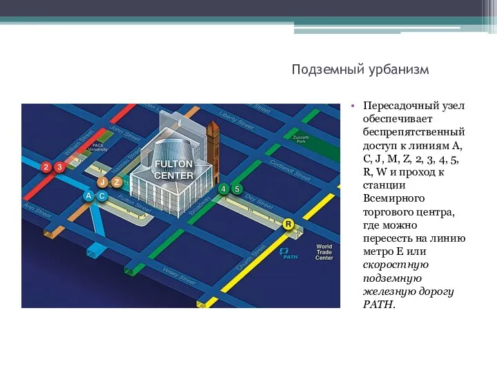 Подземный урбанизм Пересадочный узел обеспечивает беспрепятственный доступ к линиям A, C,