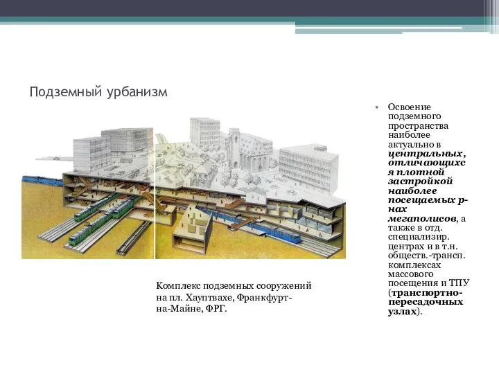 Подземный урбанизм Oсвоение подземного пространства наиболее актуально в центральных, отличающихся плотной