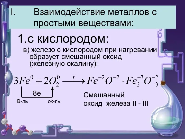 Взаимодействие металлов с простыми веществами: 1.с кислородом: в) железо с кислородом