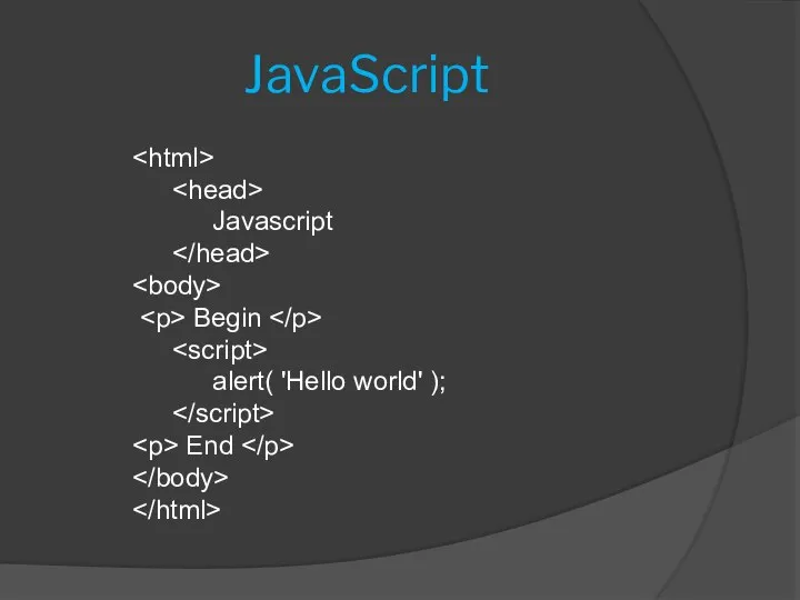 JavaScript Javascript Begin alert( 'Hello world' ); End