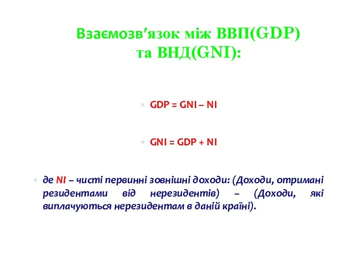 Взаємозв′язок між ВВП(GDP) та ВНД(GNI): GDP = GNI – NI GNI