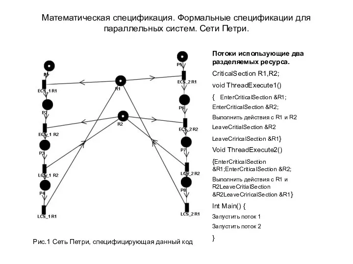 Математическая спецификация. Формальные спецификации для параллельных систем. Сети Петри. Потоки использующие