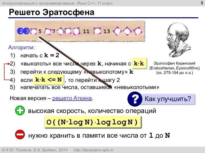 Решето Эратосфена Эратосфен Киренский (Eratosthenes, Ερατοσθδνη) (ок. 275-194 до н.э.) Новая