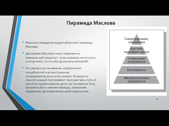 Пирамида Маслова Многое в поведении людей объясняет пирамида Маслова: Диаграмма Маслова