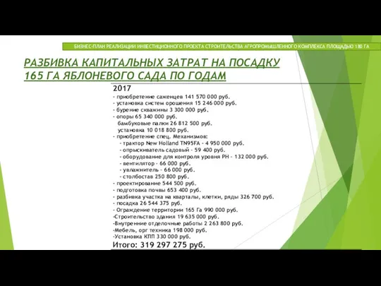 РАЗБИВКА КАПИТАЛЬНЫХ ЗАТРАТ НА ПОСАДКУ 165 ГА ЯБЛОНЕВОГО САДА ПО ГОДАМ