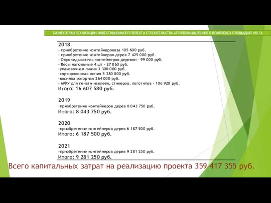 Всего капитальных затрат на реализацию проекта 359 417 355 руб. БИЗНЕС-ПЛАН